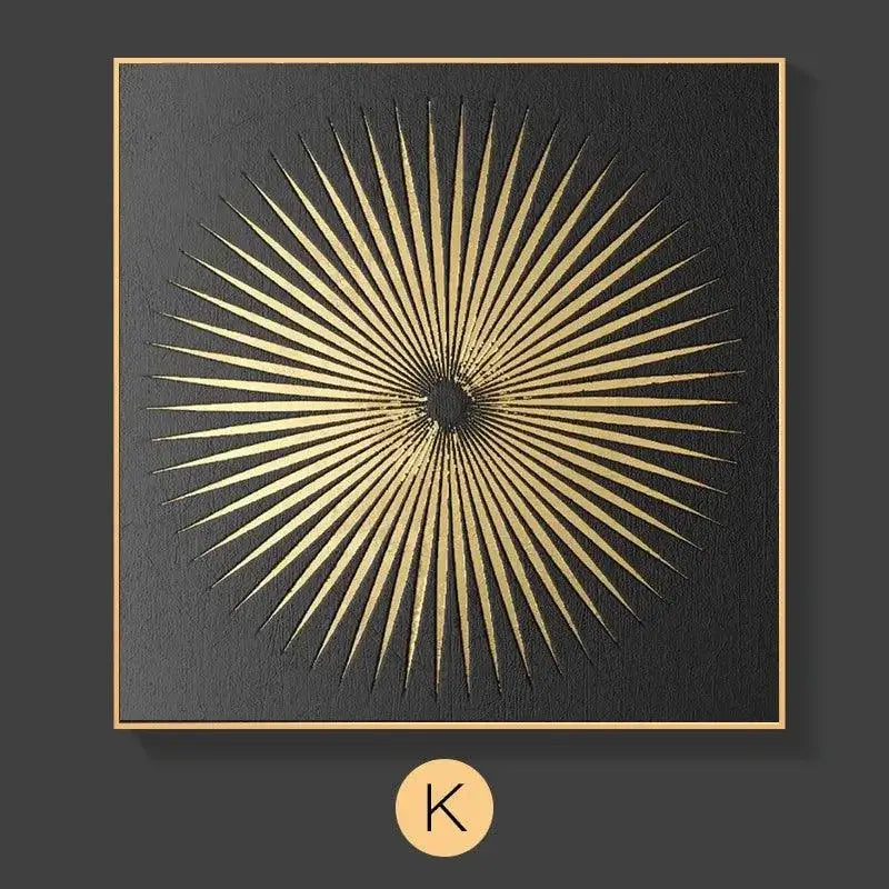 Arte de parede abstrata dourada com raios de sol preto e dourado minimalista