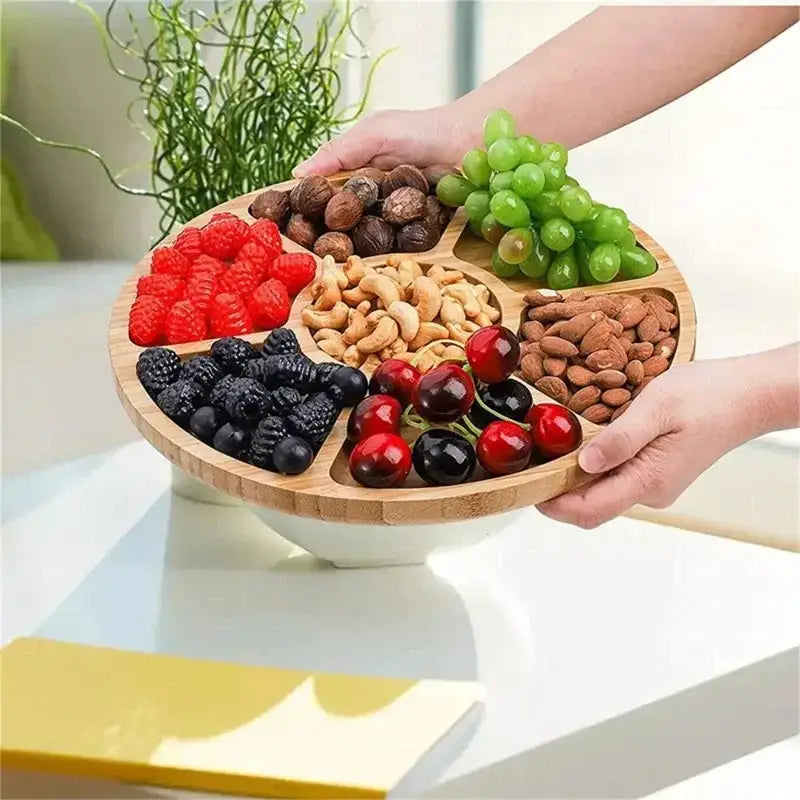 Bandeja Bambu Redonda Dividida Madeira Servir com frutas e nuts variados