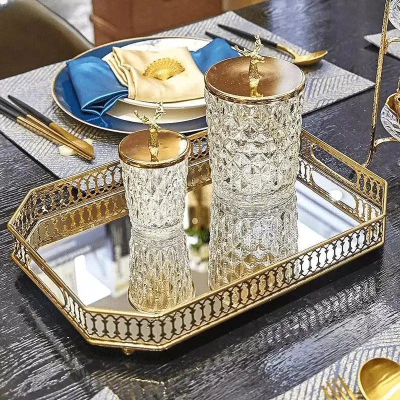 Bandeja de banheiro metálica espelhada dourada com recipientes decorativos