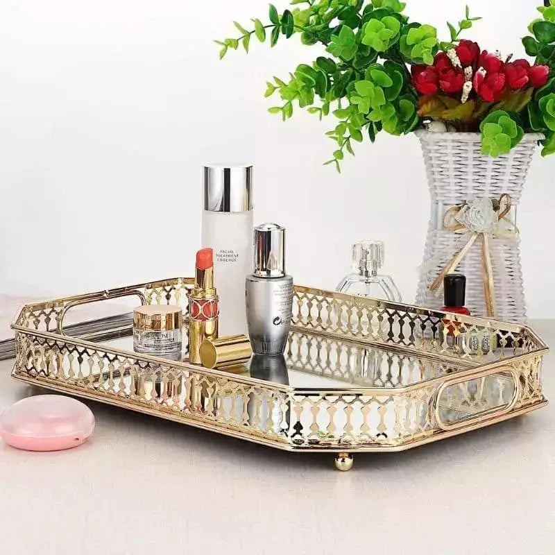 Bandeja de banheiro espelhada dourada metal organizadora Ricaly