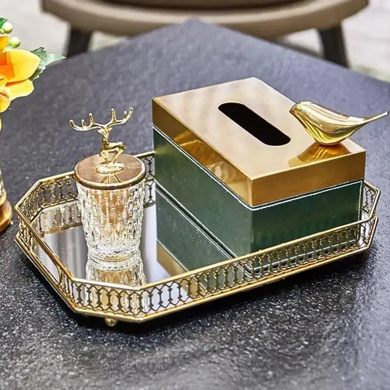 Bandeja Banheiro Metal Espelhado Organizadora Dourada com tissue box e recipiente de vidro