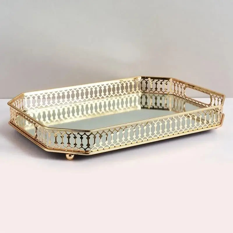 Bandeja banheiro metal espelhado dourada organizadora decorativa elegante