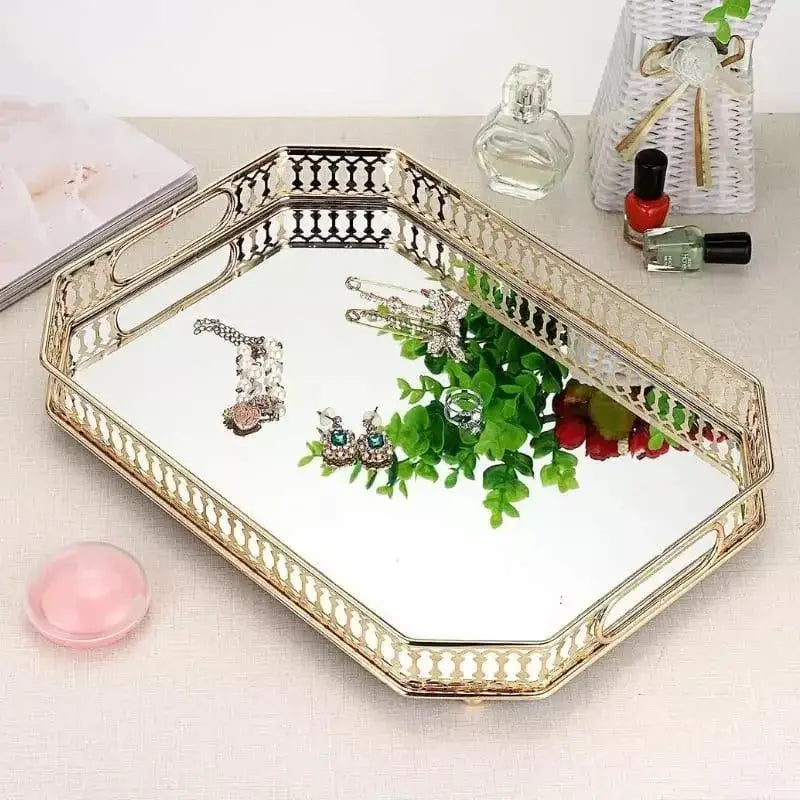 Bandeja Banheiro Metal Espelhado Organizadora Dourada com acabamento Ornate