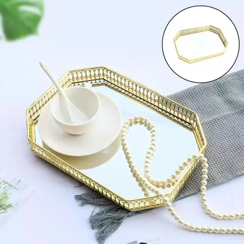 Bandeja de banheiro dourada espelhada com acabamento dourado e design elegante