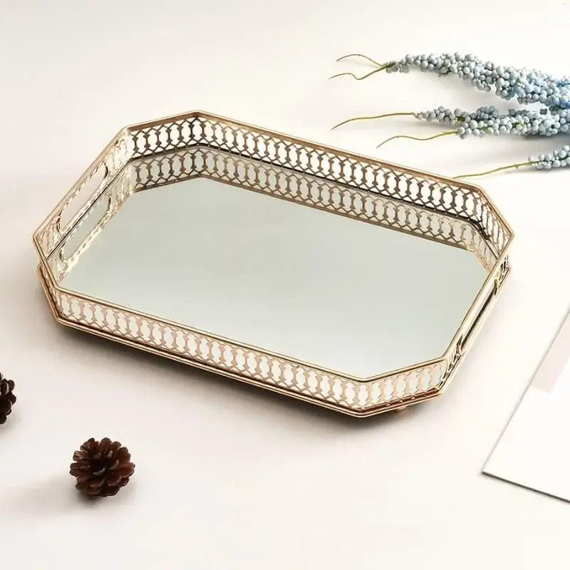 Bandeja Decorativa Retangular Ricaly com Espelho e Metal Dourado Compre