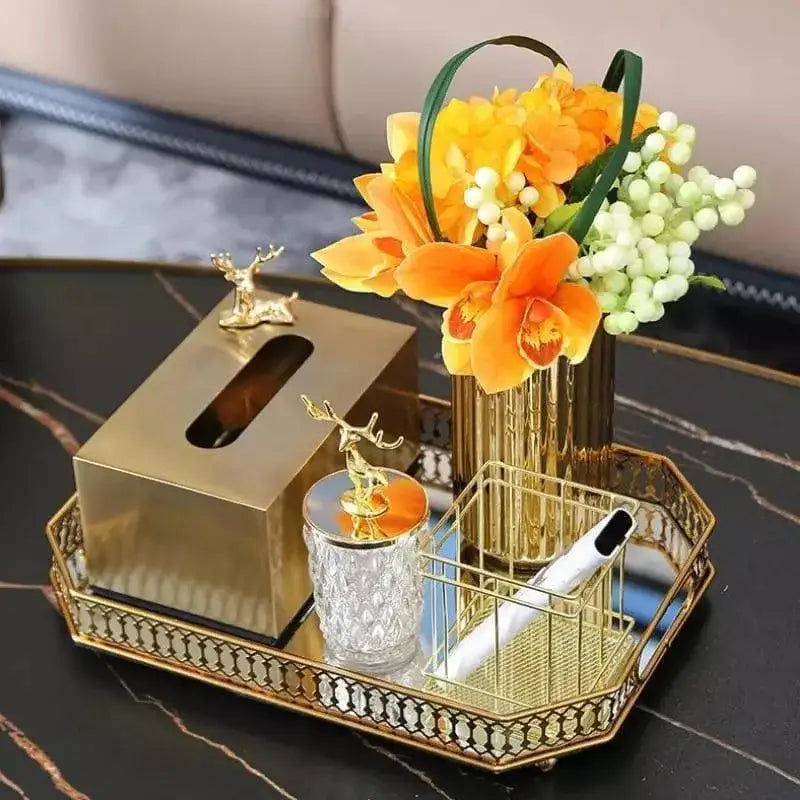 Bandeja Decorativa Retangular Ricaly com Espelho e Metal Dourado Compre