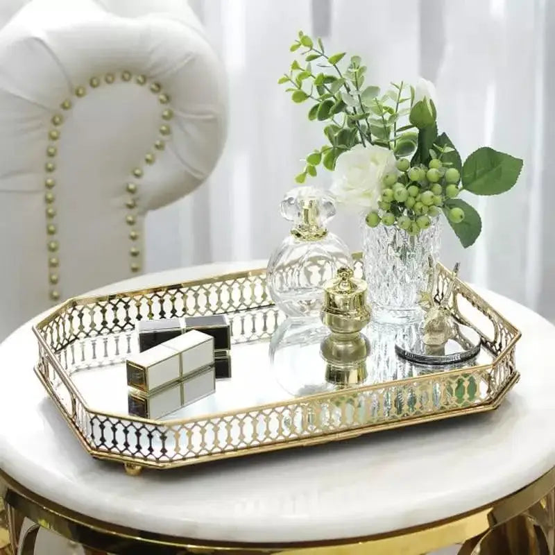 Bandeja Decorativa Retangular Ricaly com Espelho e Metal Dourado Compre