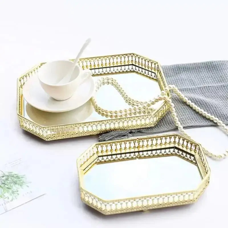 Bandeja Decorativa Retangular Ricaly com Espelho e Metal Dourado Compre