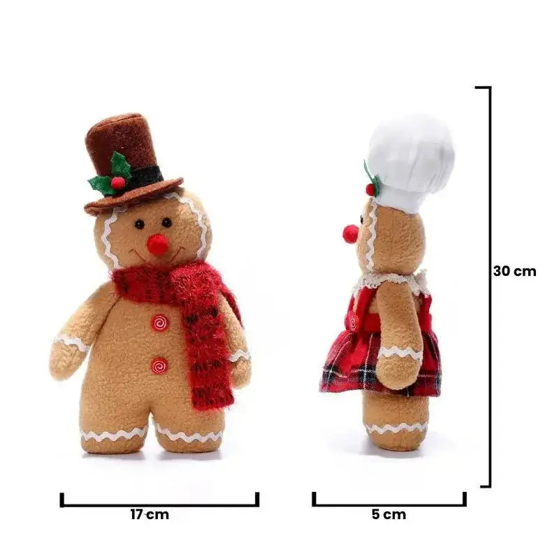 Decoração natalina com bonecos de gengibre de pelúcia com chapéu natalino ricaly