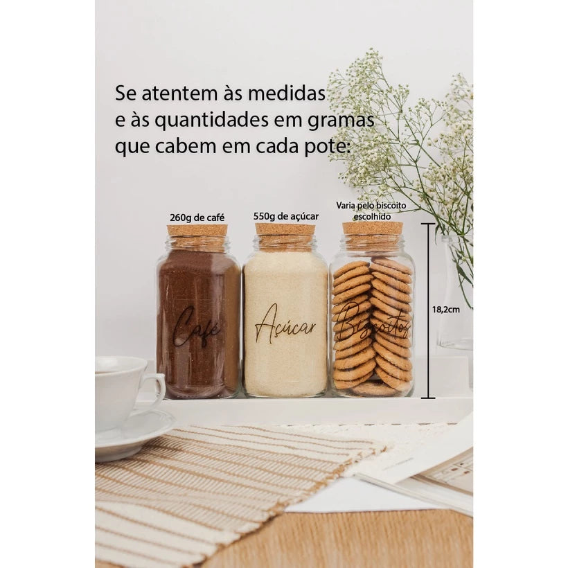 Kit  3 Potes de Vidro para Café, Açúcar e Biscoito - Ricaly + 3 Adesivos