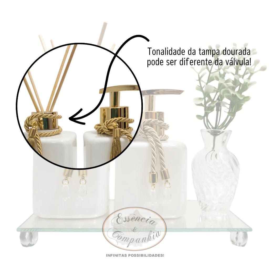 Kit Dourado Aromatizador e Saboneteira Pet Branco 300ml Com Bandeja Espelhada e Vaso Decorativo Lavabo - Ricaly