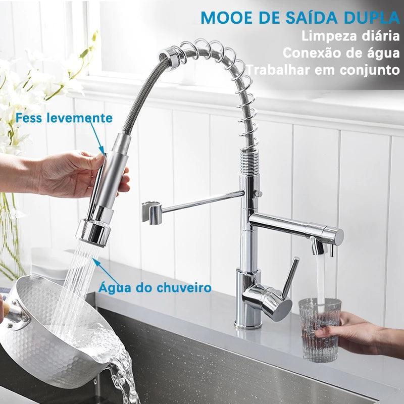 Torneira de Cozinha Monocomando Gourmet Extensível com Bico de Acionamento para Água Quente e Fria - Ricaly