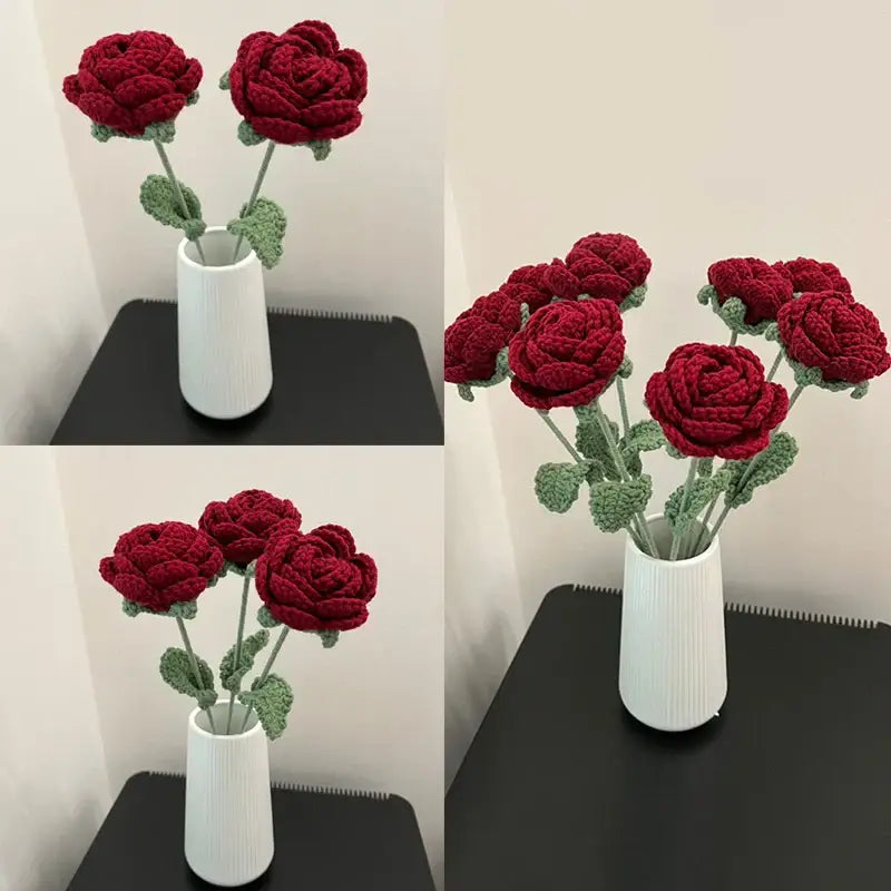 Buquê de Rosas Tricotadas Vermelhas em Vaso Branco Compre agora Ricaly