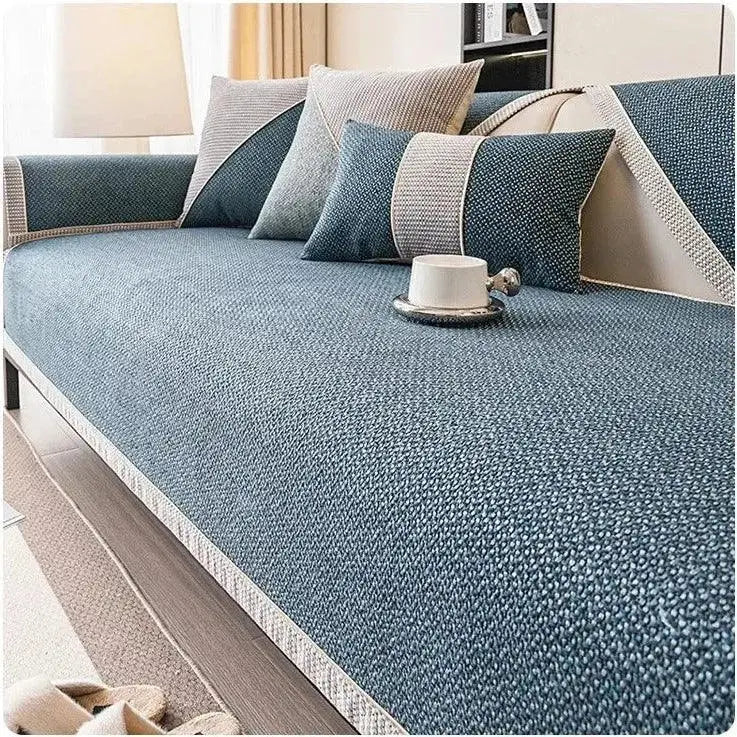 Sofá azul com textura e almofadas decorativas, produto Capa Sofá Algodão Ricaly