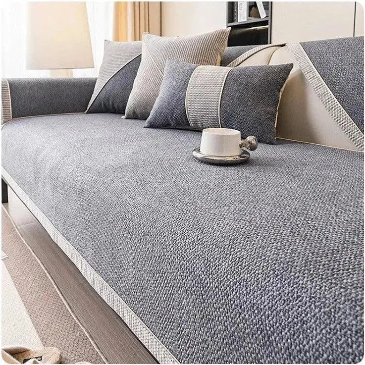 Sofá cinza texturizado com almofadas decorativas, Capa Sofá Algodão Ricaly
