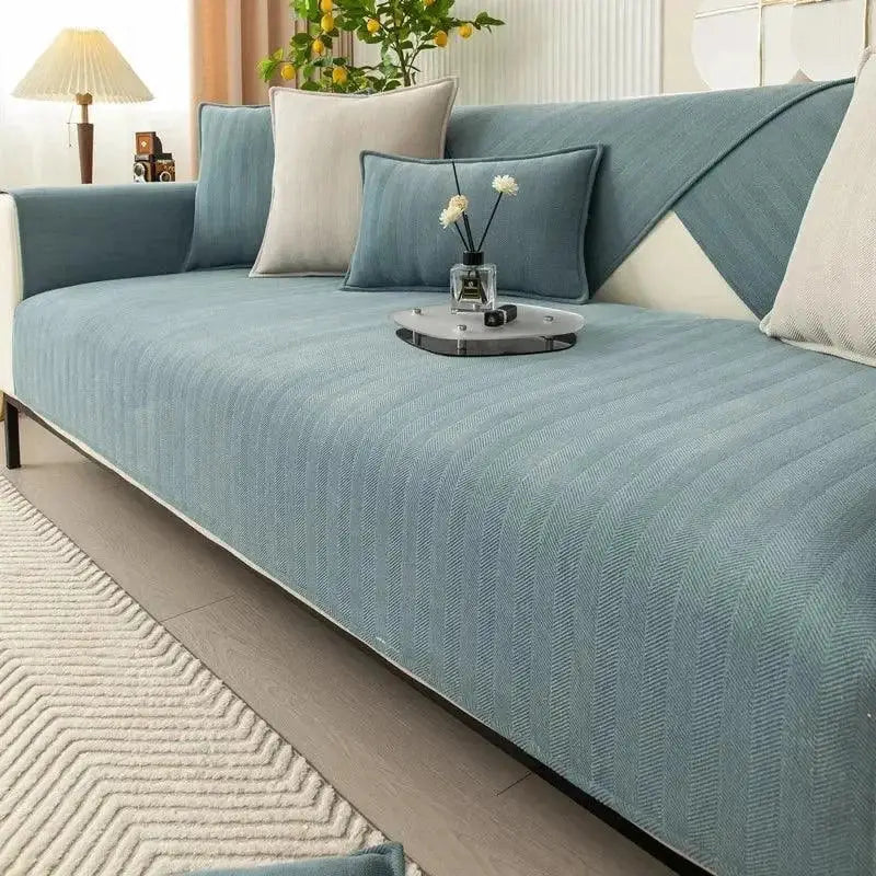 Capa de sofá em chenille antiderrapante azul Herringbone para conforto e proteção