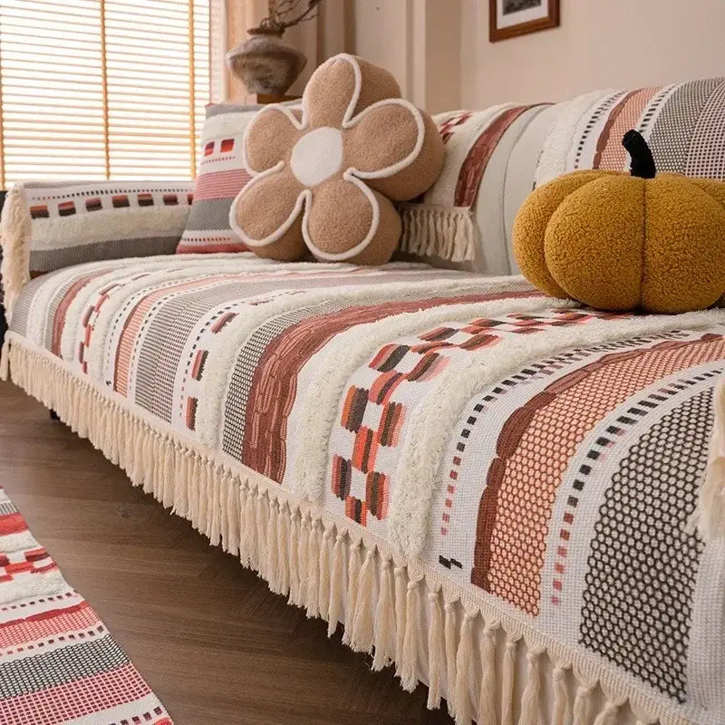 Capa de sofá linho algodão boho com listras e franja para decoração moderna