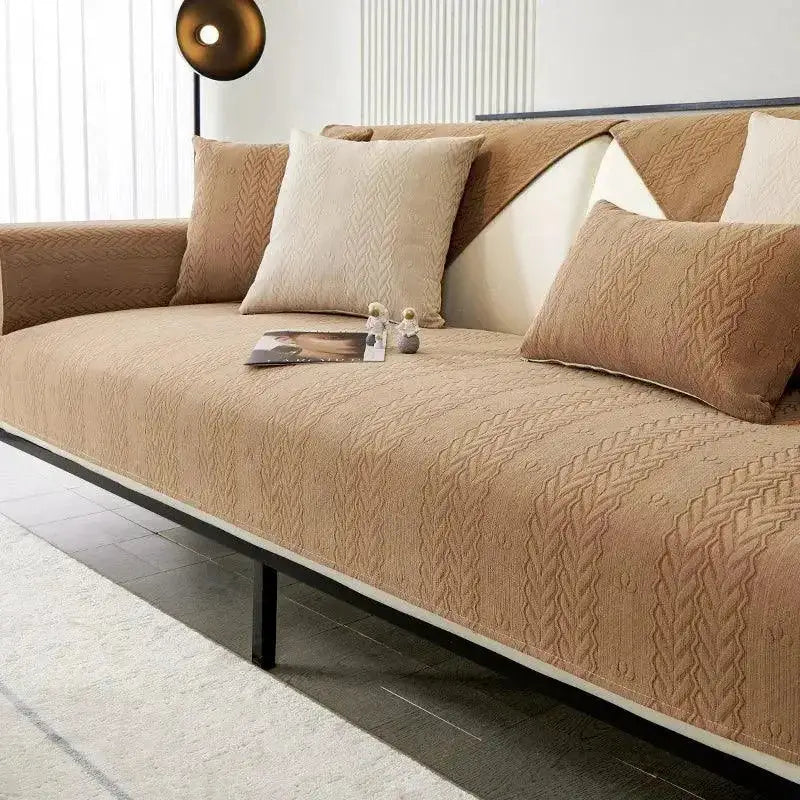 Alça de proteção para sofá em couro Bege com textura e almofadas 70x70cm Ricaly