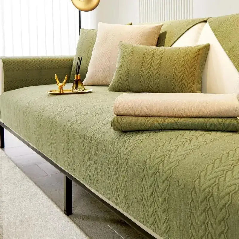 Alça de proteção para sofá de couro verde com textura e almofadas 70x70cm Ricaly