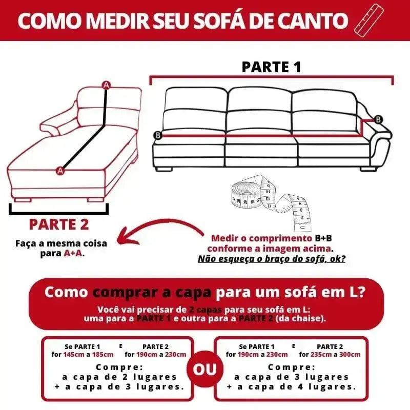 Diagrama para medir e comprar capa de sofá em formato L para Capa Sofá Suede Premium Preto 1 Lugar