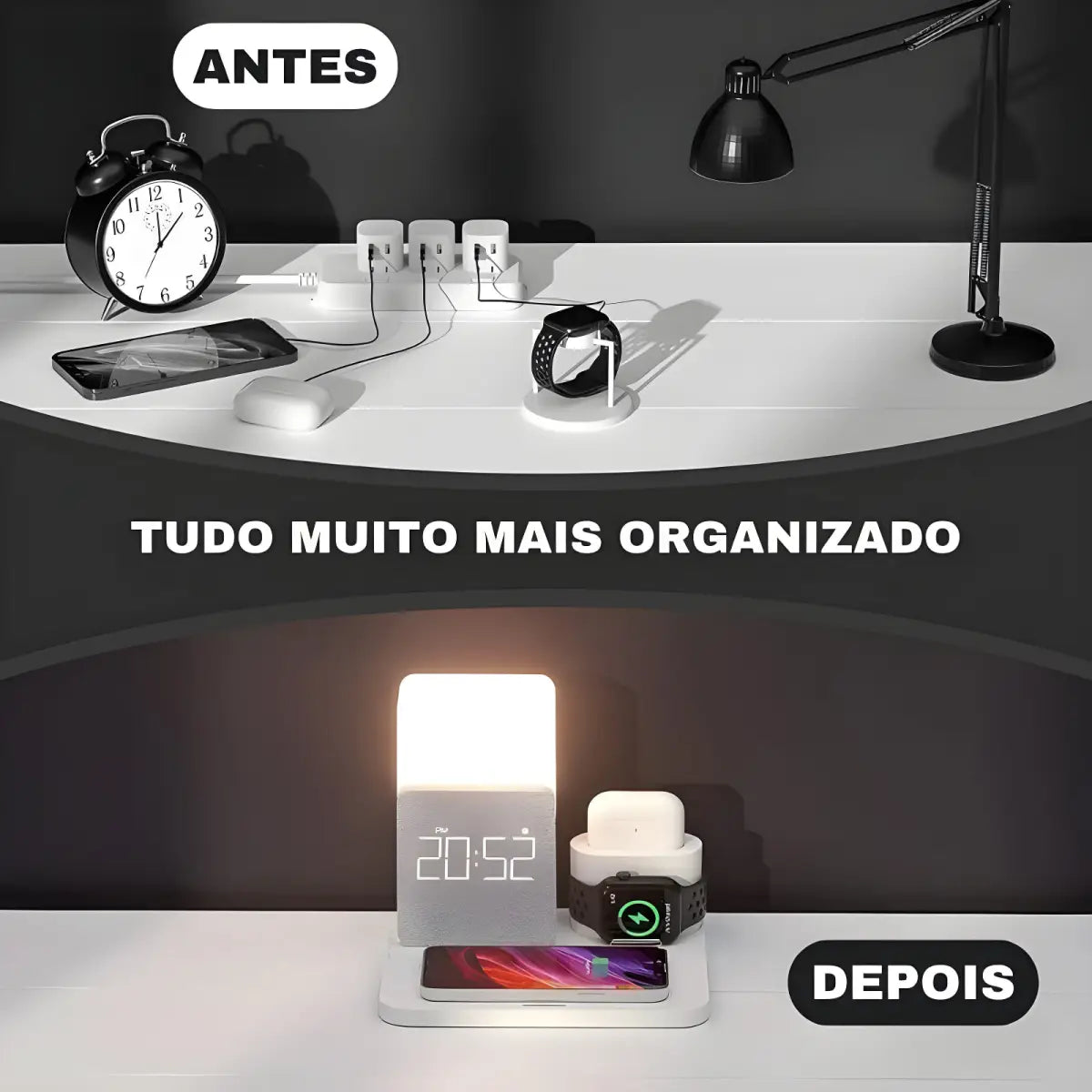 Antes e depois da estação de carregamento do Carregador Indução 3 em 1 Ricaly