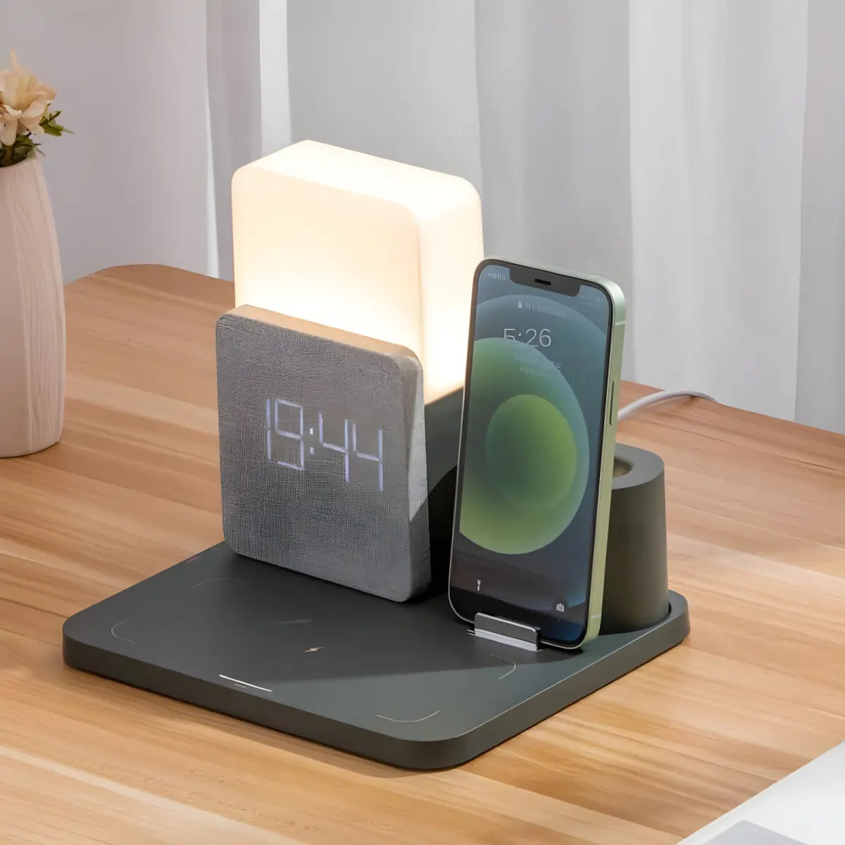 Carregador de indução 3 em 1 com luminária, despertador e suporte para telefone