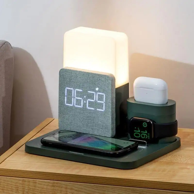 Carregador por Indução + Luminária de Mesa e Despertador Ricaly - Tecnologia Inovadora para um Despertar Tranquilo Verde