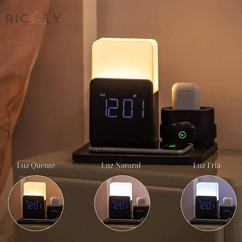 Carregador por Indução + Luminária de Mesa e Despertador Ricaly - Tecnologia Inovadora para um Despertar Tranquilo