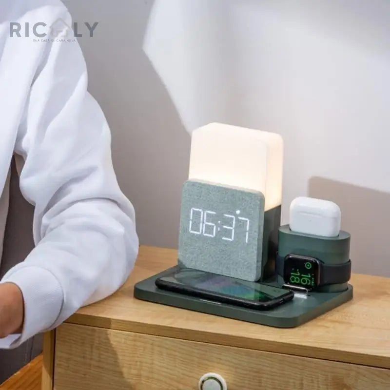 Carregador por Indução + Luminária de Mesa e Despertador Ricaly - Tecnologia Inovadora para um Despertar Tranquilo