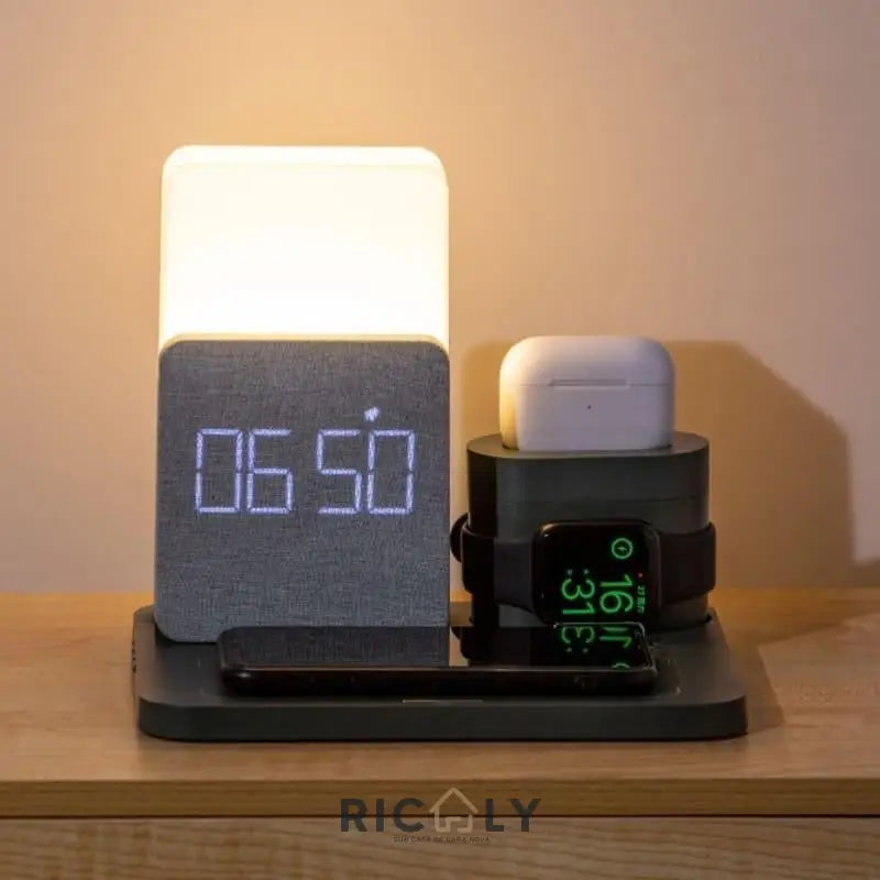 Carregador por Indução + Luminária de Mesa e Despertador Ricaly - Tecnologia Inovadora para um Despertar Tranquilo