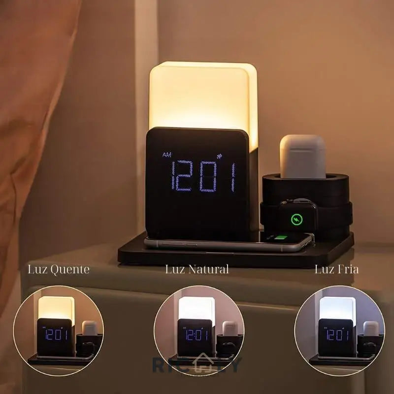 Carregador por Indução + Luminária de Mesa e Despertador Ricaly - Tecnologia Inovadora para um Despertar Tranquilo