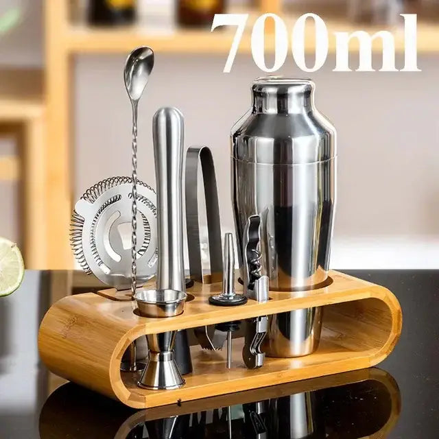 Conjunto bartender aço inox premium com suporte de bambu, ideal para coquetelaria