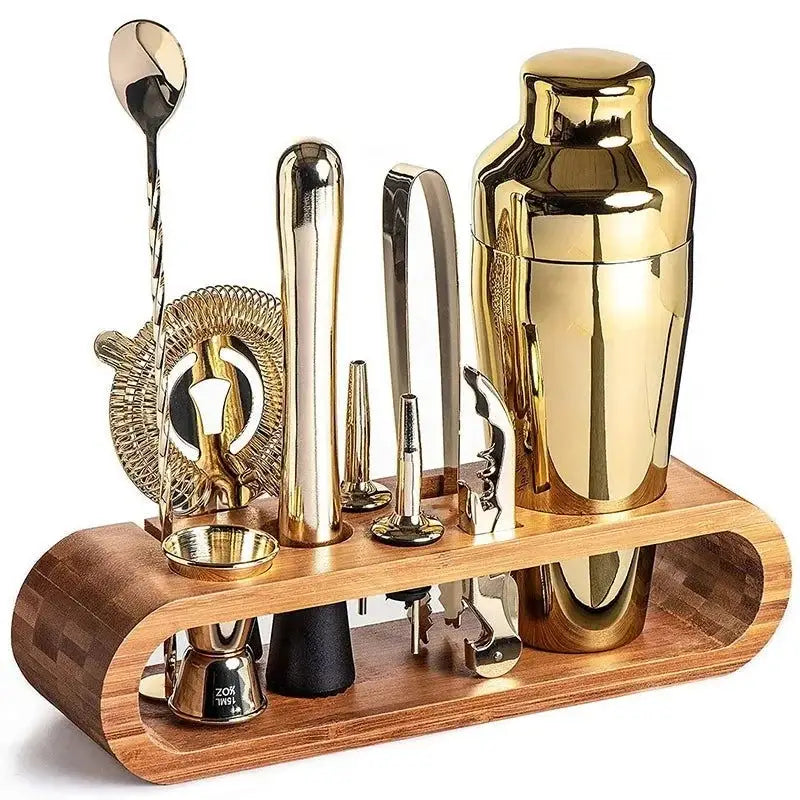 Conjunto de ferramentas de bar em tom dourado com suporte de bambu para bartender Ricaly
