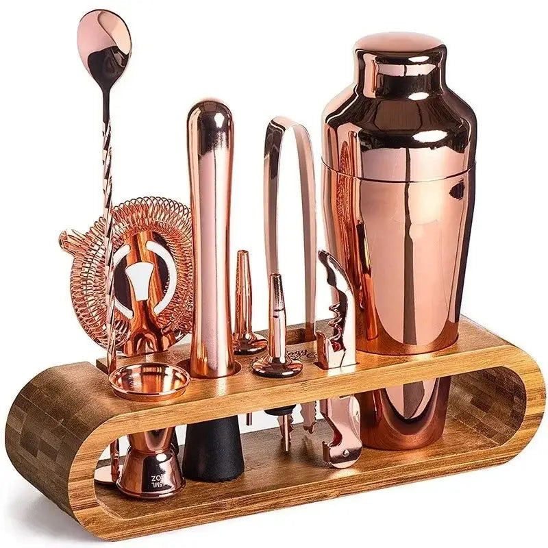 Conjunto de ferramentas de bar em cobre com suporte de Bambu, para bartender Premium