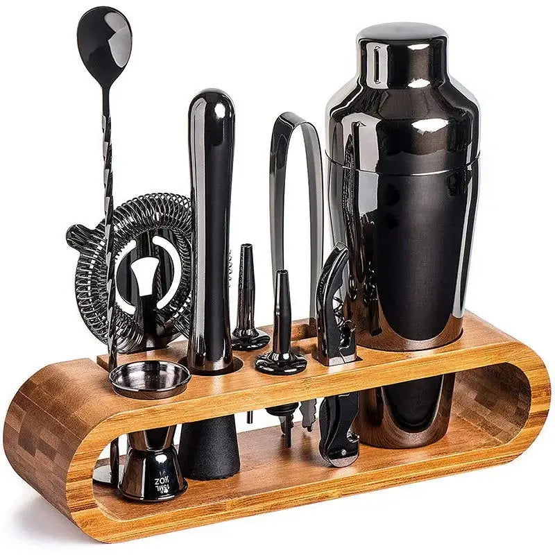 Conjunto de coqueteleira preto em aço inox premium Ricaly com suporte de bambu