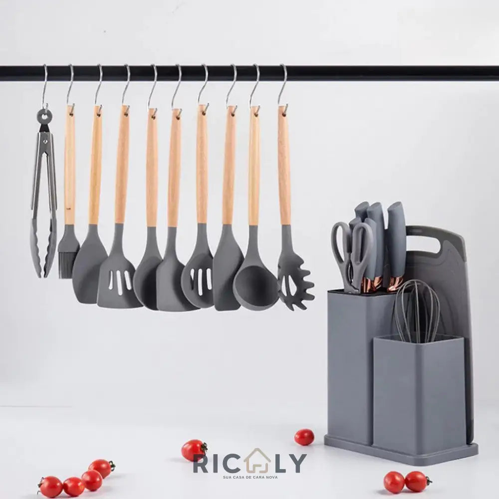 Conjunto de 19 Peças Utensílios de Cozinha em Silicone - Cabo de Madeira - Resistente a Alta Temperatura - Ricaly