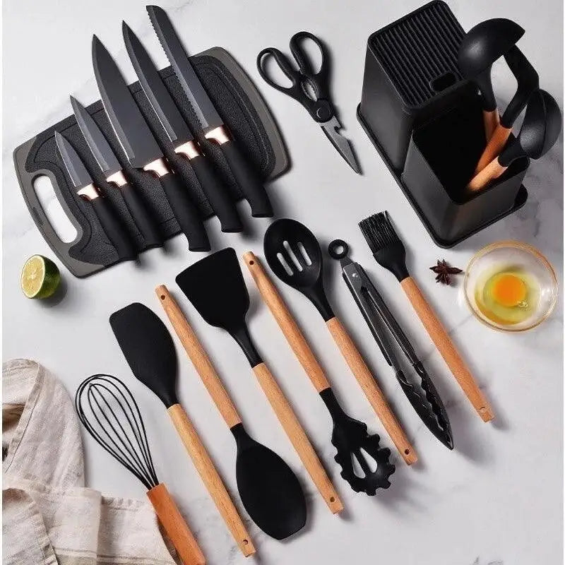 Conjunto de 19 Peças Utensílios de Cozinha em Silicone - Cabo de Madeira - Resistente a Alta Temperatura - Ricaly PRETO