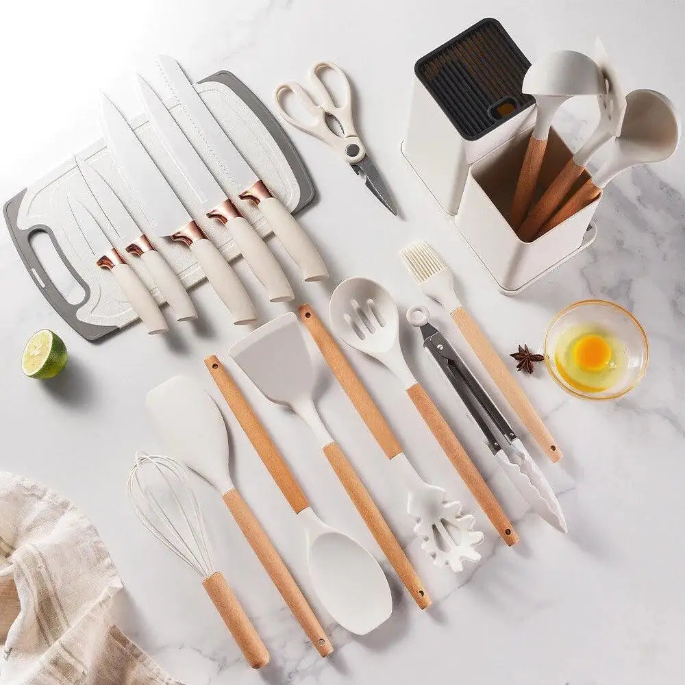 Conjunto de 19 Peças Utensílios de Cozinha em Silicone - Cabo de Madeira - Resistente a Alta Temperatura - Ricaly BRANCO