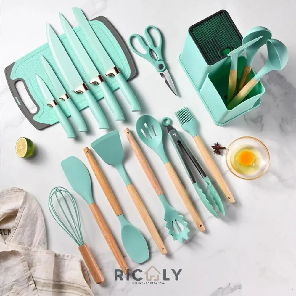 Conjunto de 19 Peças Utensílios de Cozinha em Silicone - Cabo de Madeira - Resistente a Alta Temperatura - Ricaly VERDE