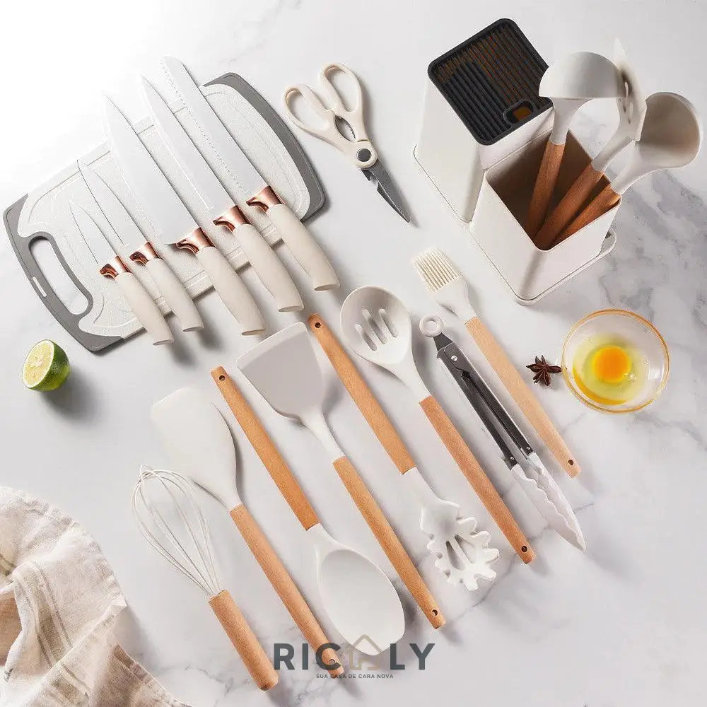 Conjunto de 19 Peças Utensílios de Cozinha em Silicone - Cabo de Madeira - Resistente a Alta Temperatura - Ricaly BRANCO