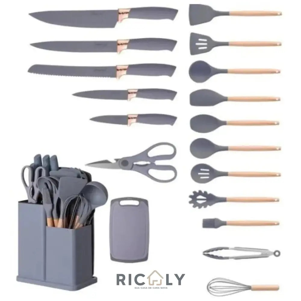 Conjunto de 19 Peças Utensílios de Cozinha em Silicone - Cabo de Madeira - Resistente a Alta Temperatura - Ricaly