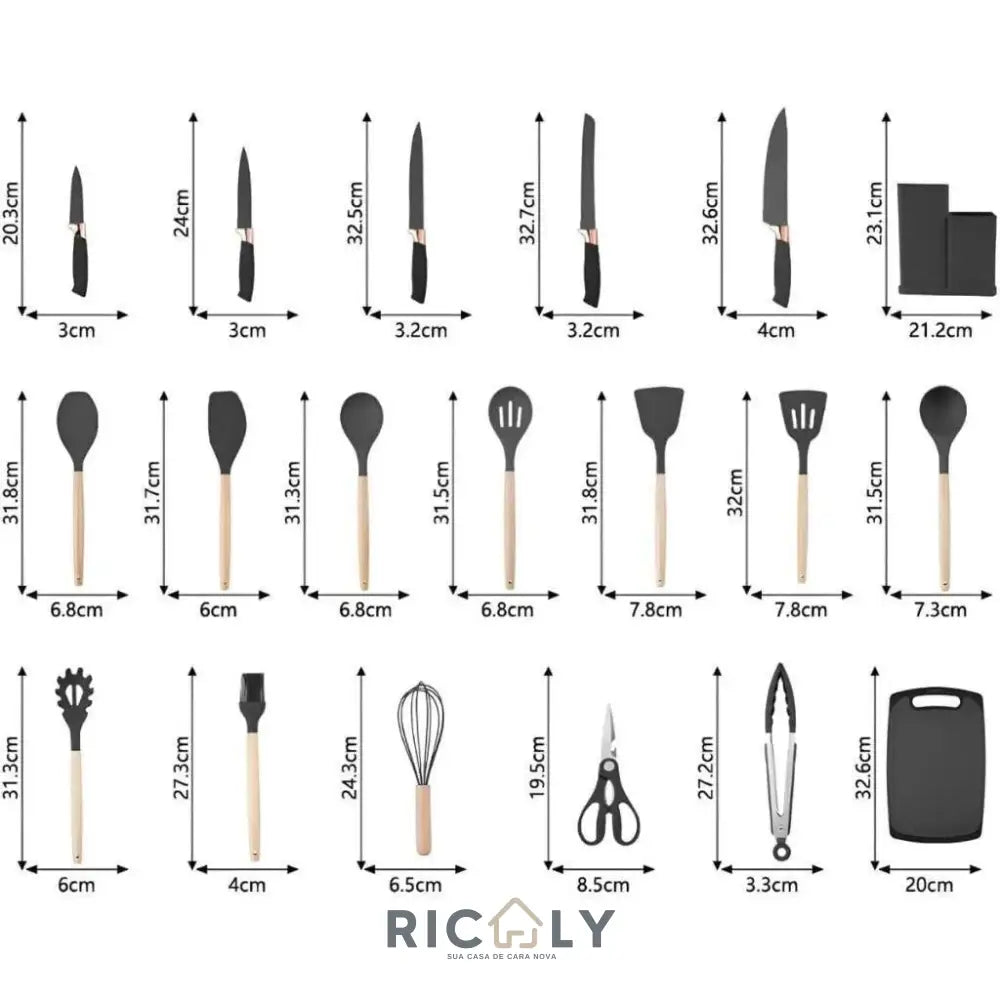 Conjunto de 19 Peças Utensílios de Cozinha em Silicone - Cabo de Madeira - Resistente a Alta Temperatura - Ricaly