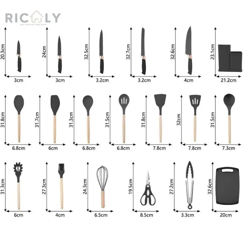 Conjunto de 19 Peças Utensílios de Cozinha em Silicone - Cabo de Madeira - Resistente a Alta Temperatura - Ricaly