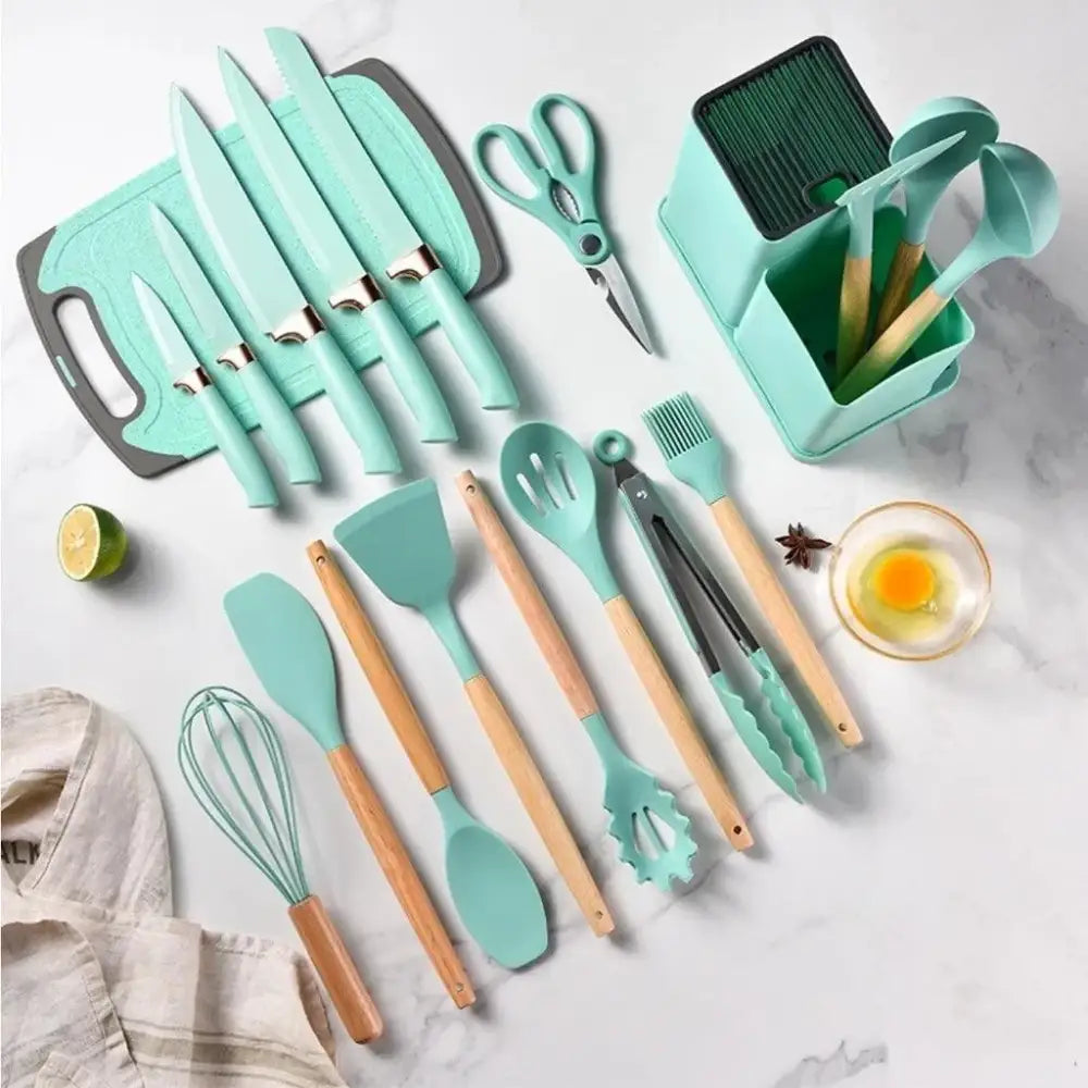 Conjunto de 19 Peças Utensílios de Cozinha em Silicone - Cabo de Madeira - Resistente a Alta Temperatura - Ricaly VERDE