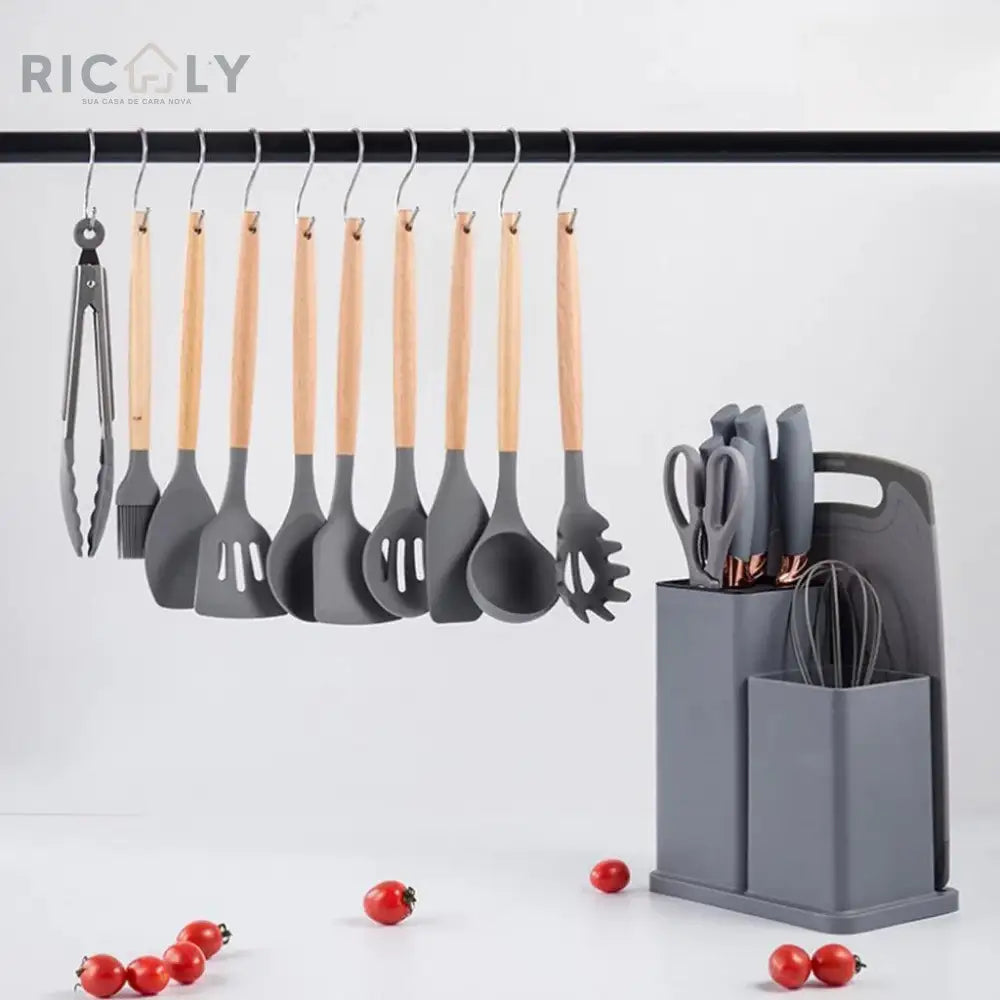 Conjunto de 19 Peças Utensílios de Cozinha em Silicone - Cabo de Madeira - Resistente a Alta Temperatura - Ricaly