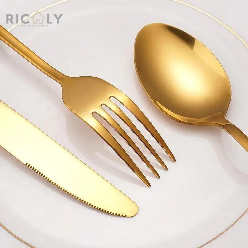 Conjunto de Talheres de Aço Inoxidável Estilo Ocidental - Ricaly, 18 Peças, Ouro - Luxo e Sofisticação para sua Recepção Aço Inox Dourado