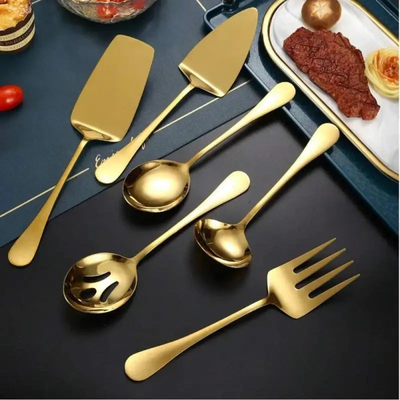 Conjunto de Talheres em Aço Inox Dourado - Colher Garfo Sopa Fenda e Pá - Ricaly - Talheres De Cozinha