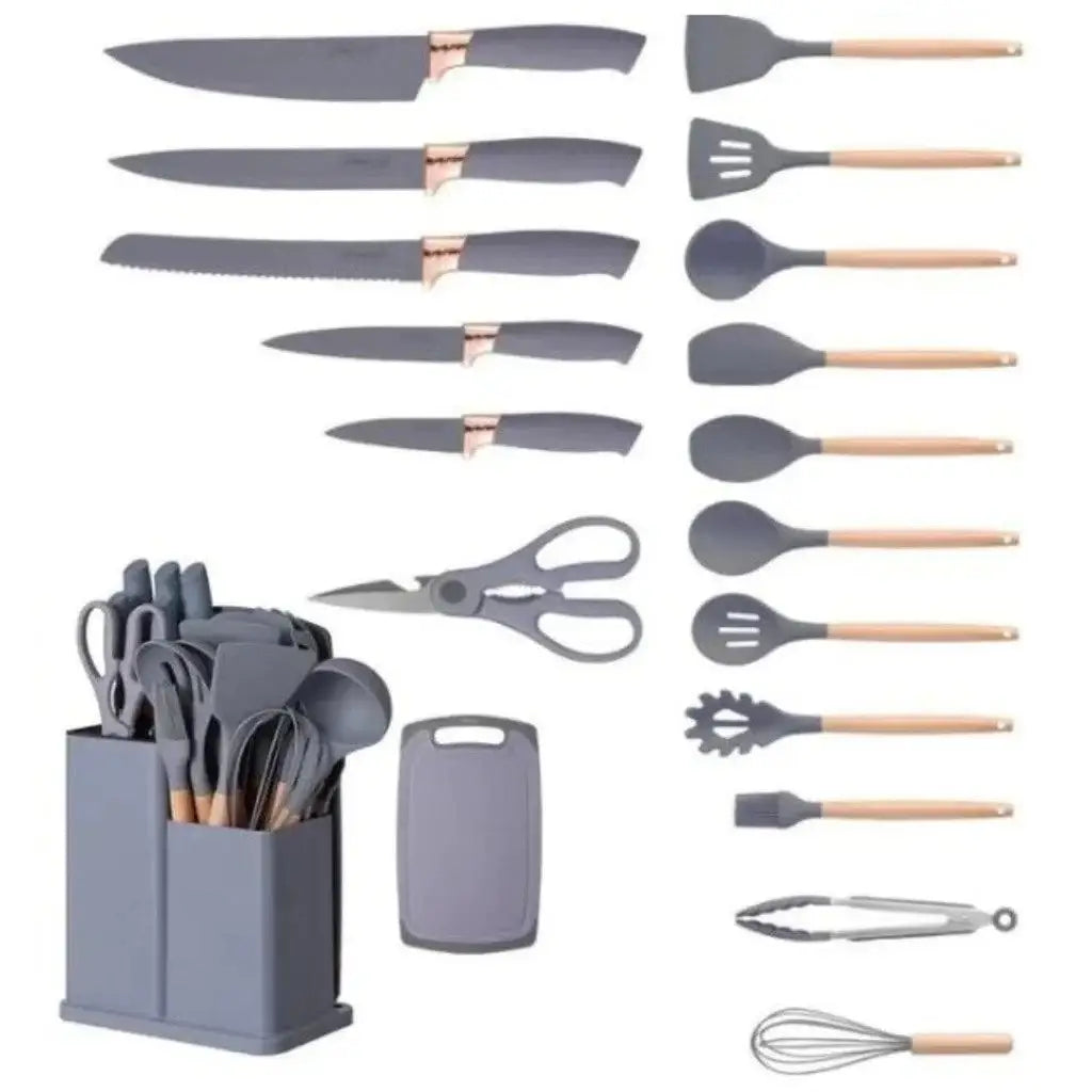 Conjunto de utensílios de silicone cinza com cabos de madeira para cozinha Ricaly