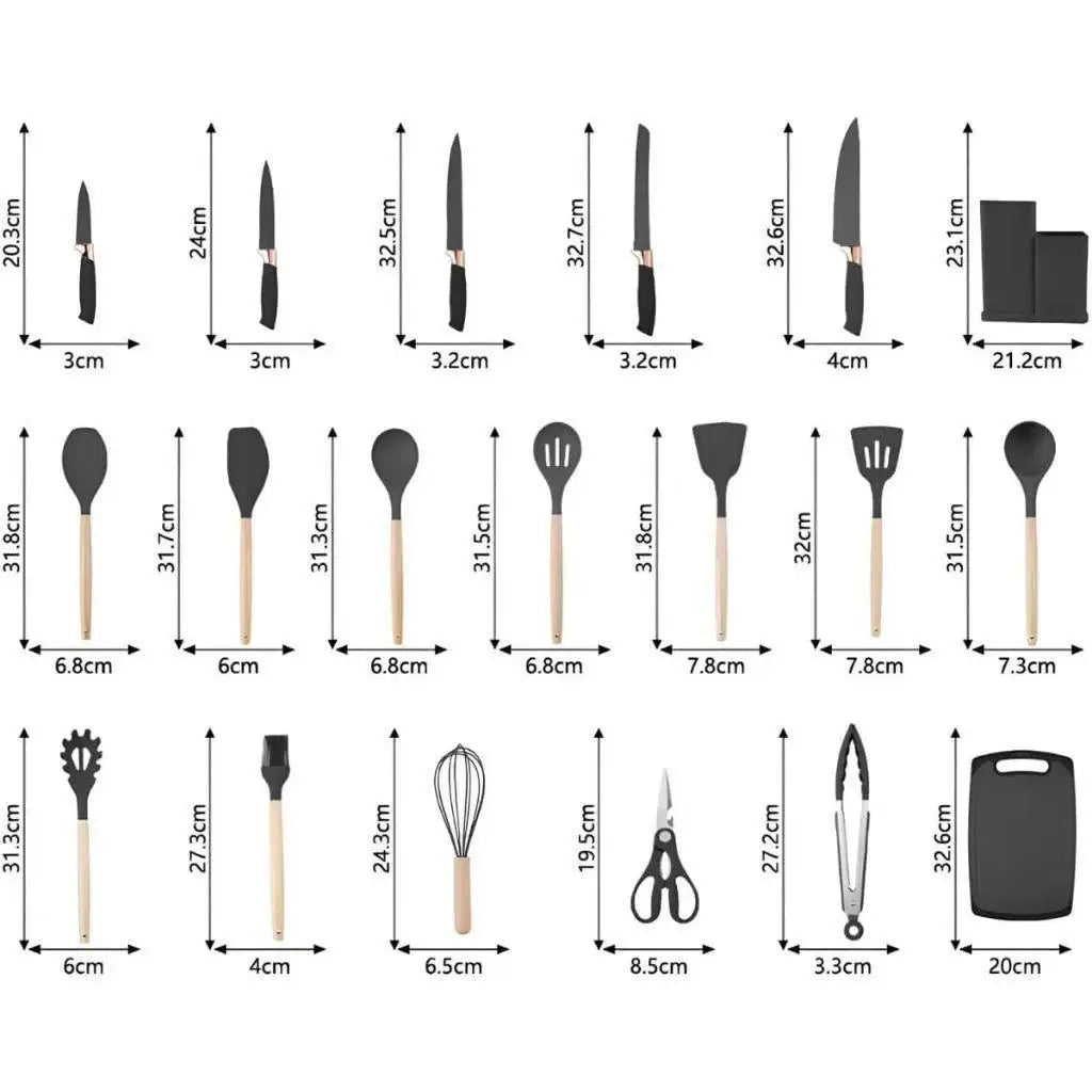Conjunto de utensílios de silicone com cabos ergonômicos de madeira, dimensões incluídas