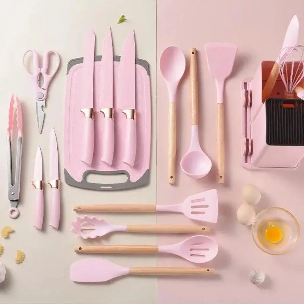 Conjunto de utensílios de silicone rosa com cabo de madeira para cozinha Ricaly